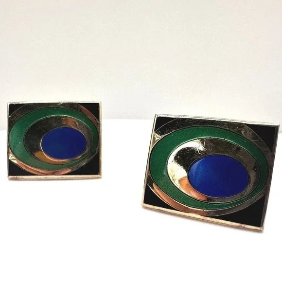 Vintage 80s Gold Tone Cufflinks Blue Green Enamel Peacock Eye Abstract Jewelry‎