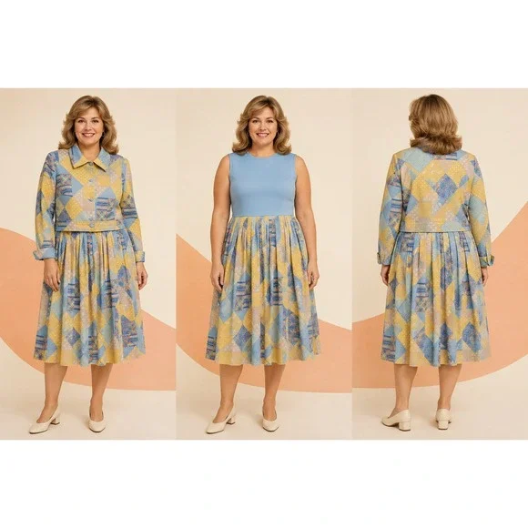 Tradwife 1970s Mod Blue Yellow Patchwork Vintage Retro 12 Dress & Jacket Set