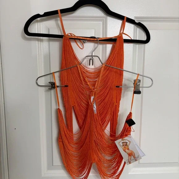 Dreamgirl 12985 Tangerine Fringe Two Piece Set Festival Rave Wear Large NWT