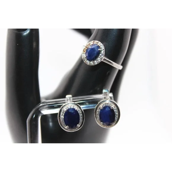 Sterling Silver 925 Blue Sapphire Halo Ring and Earrings Jewelry Set Size 9