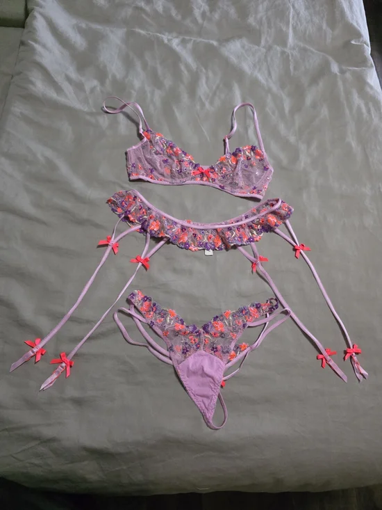 For Love & Lemons Lavender Floral Embroidered Lingerie Set with Neon Accents