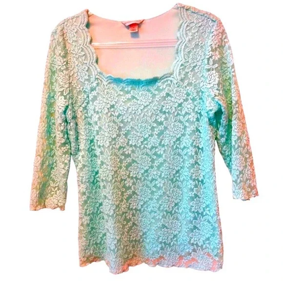 Mint Green Lace 3/4 Sleeve Scalloped Square Neck Top XL‎ Cottagecore Romance