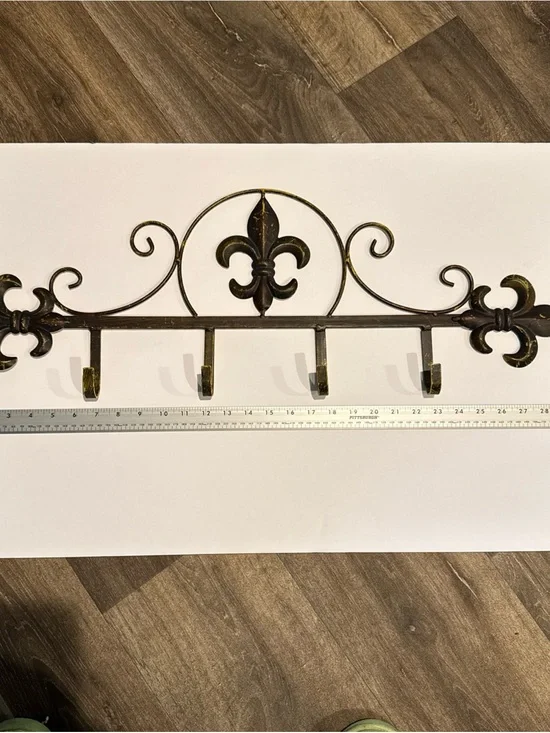Ornate Fleur-de-Lis Metal Wall Hook Rack in Dark Bronze and Gold Accents