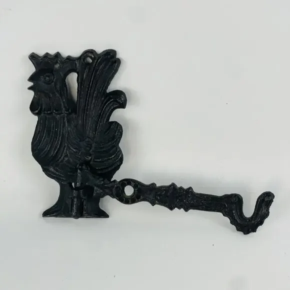 Vintage Black Cast Iron Rooster Small Wall Hook Farmhouse Swinging Hook