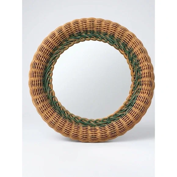 Rare Vintage Wicker Rattan Round Wall Mirror Boho Retro 90s Cottagecore 12