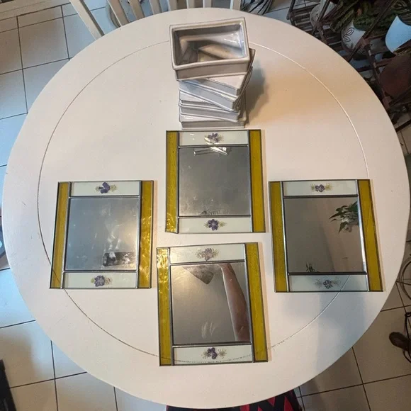 Elegant vintage Yellow and pressed flower Wall Mirror Set. Rare find!