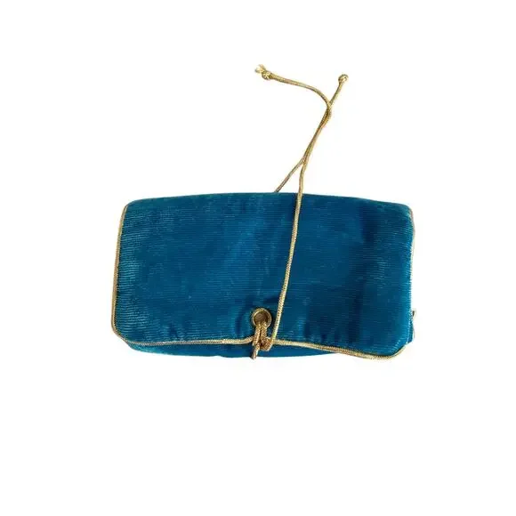 Vintage Teal Velvet Travel Jewelry Roll Organizer Gold Cord Three Zipper Pockets