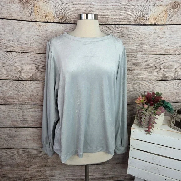 NWT‎ LOFT Womens Light Grey Velvet Puff Sleeve Top Crew Neck XL