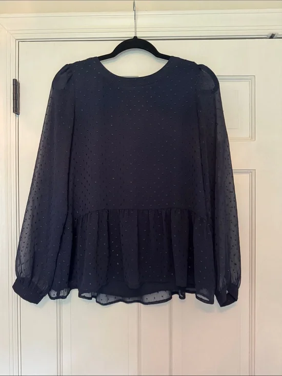 LOFT Navy Sheer Swiss Dot Peplum Blouse