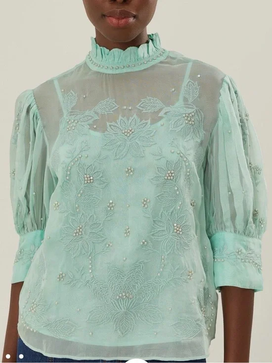 FARM RIO Embellished Mint Green Sheer Blouse with Puff Sleeves Size S