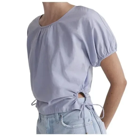 Madewell Cutout Drawstring Keyhole Poplin Puff Sleeve Crop Top Periwinkle Small
