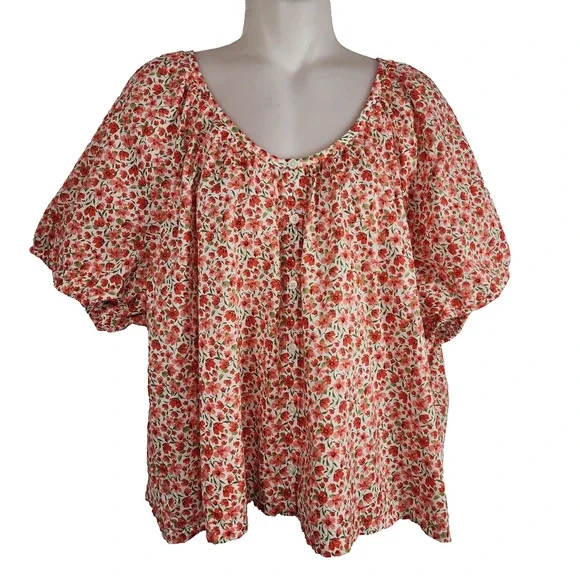 Old Navy Womens Airy Button Down Top XL Short Sleeve Red Floral Cotton Relaxed