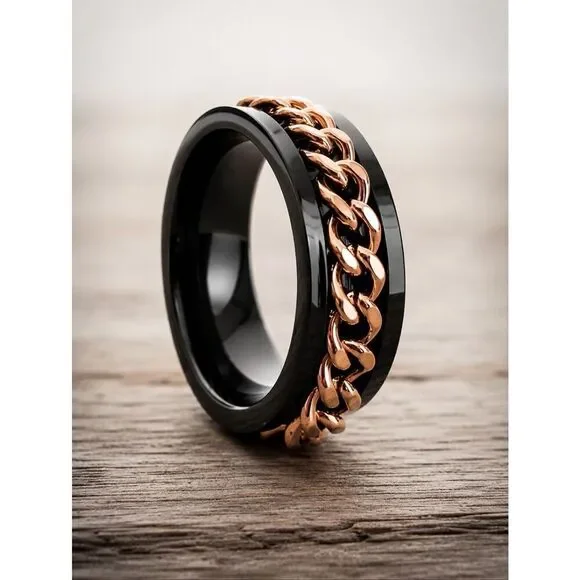 Black Rose Gold Cuban Link Spin Ring