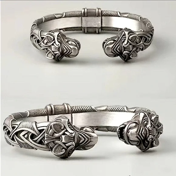 Silver Wolf Head Viking Norse Knotwork Cuff Bangle Bracelet