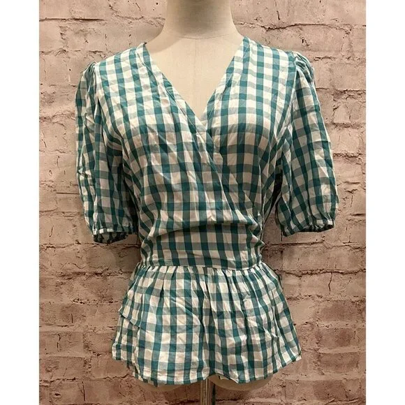 Loft Wrap Blouse Green Gingham Check Top Short Puff Sleeve Tie Waist Size S