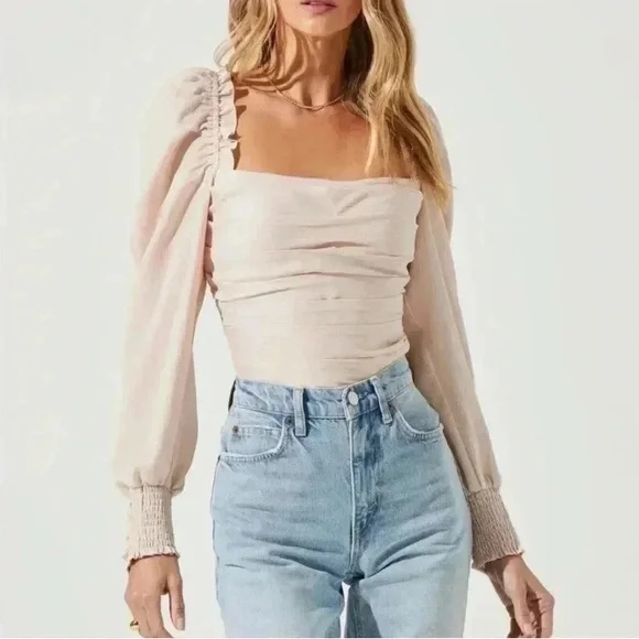 NEW ASTR The Label Puff Long Sleeve Blouse Off Shoulder Blush Sz XL Smocked NWT