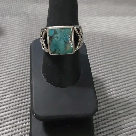 Sterling Silver Oxidized  Genuine Turquoise Stone Ring. 14.8 mm
