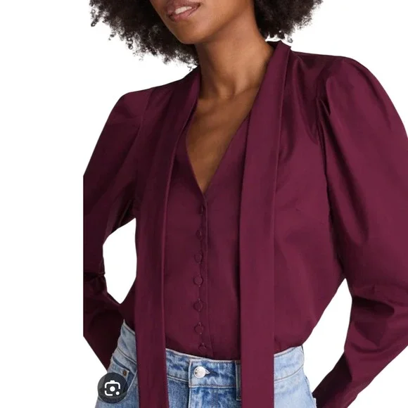 Madewell NEW V-Neck Tie-Neck Button-Front Top Burgundy XXS‎ Luxury Minimalist