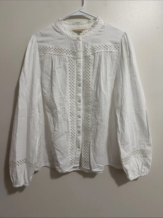 Boden White Eyelet Embroidered Long Sleeve Cotton Button Down Blouse Womens 14