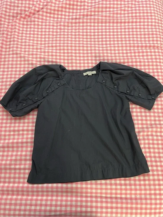 LOFT Dark Gray Bubble Puff Sleeve Round Neck Blouse (Size: XS)