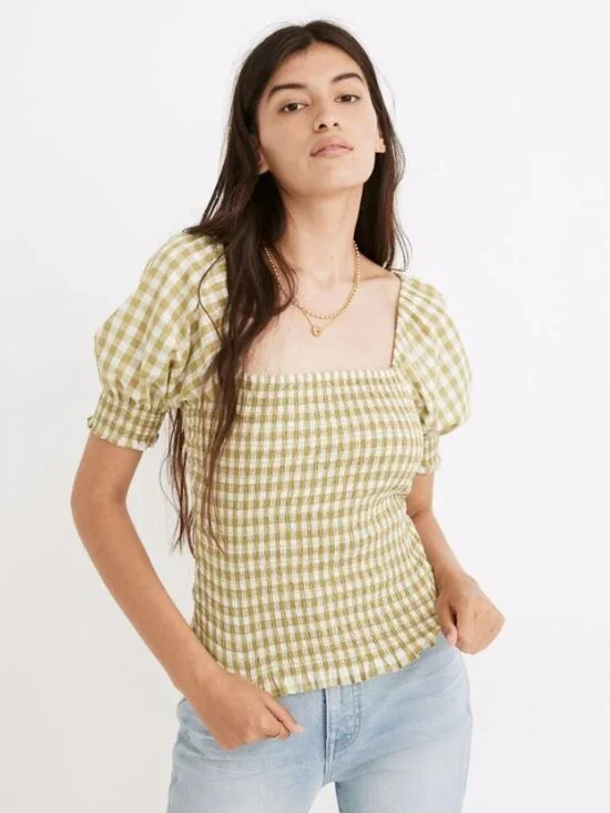 Madewell Lucie Puff-Sleeve Smocked Bodice Top in Gingham Check, Size XXS