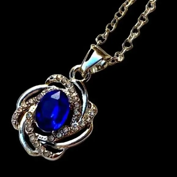 Sapphire Blue Pendant Necklace in Silver Tone September Birthstone