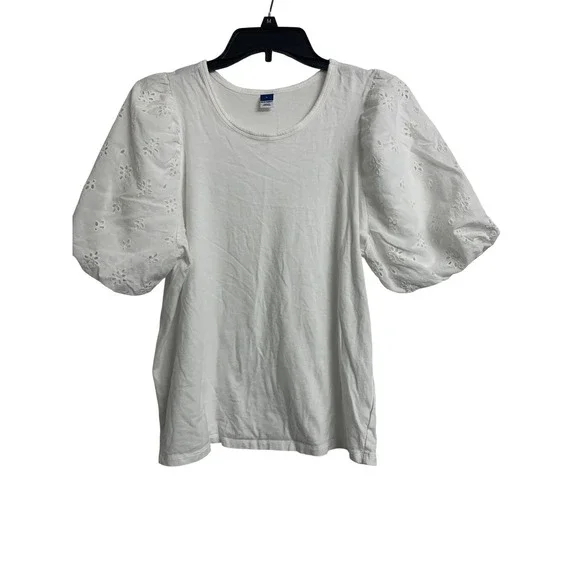 Old Navy White Eyelet Puff Sleeve Knit Top Blouse Large L‎ Cotton