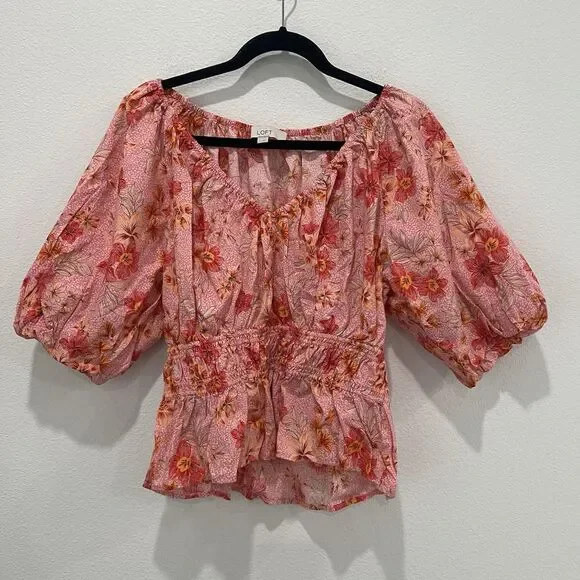 LOFT Pink Tropical Floral Puff-Sleeve V-Neck Peplum Top Women's Large