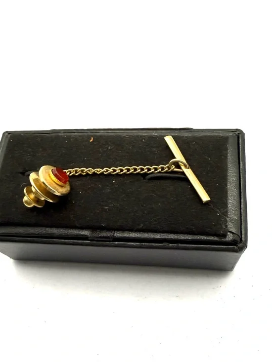 Gold Tone Red Stone Tie Pin with Chain