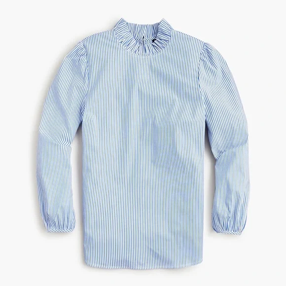 J Crew Long-sleeve ruffleneck top in stripe‎ high neck puff sleeves