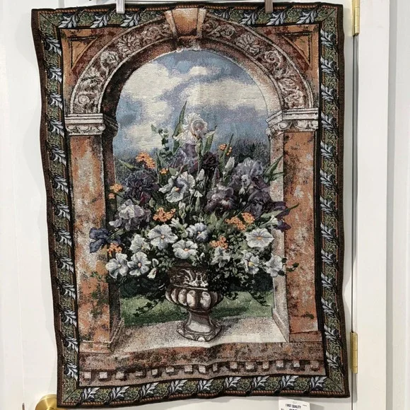 Sea Gull Floral Tapestry Wall Hanging Iris‎ Flower Urn Archway Woven Art 34x26