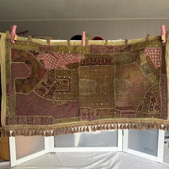 Vtg Indian Sari Patchwork Tapestry Wall Hanging Embroidered Zari Mirror 47x25
