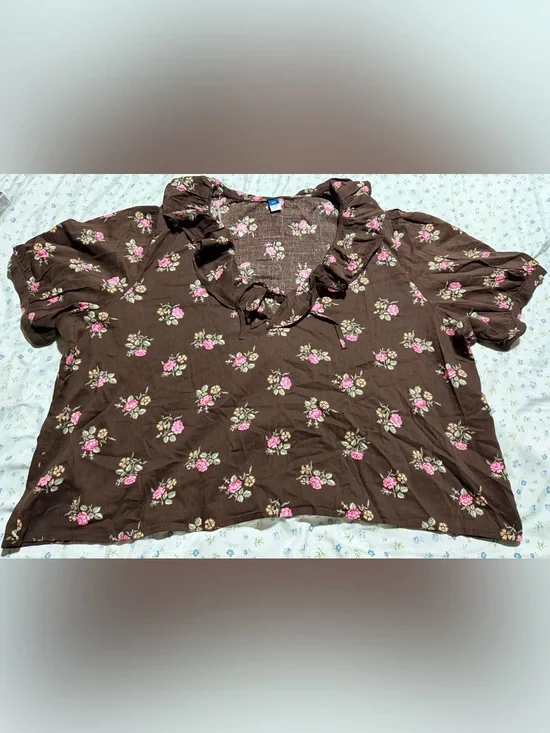 Old Navy Brown Floral Ruffle-Smock Blouse with Pink Rose Print