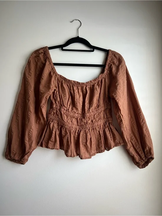 J. Crew Rust Long-Sleeve Smocked Peplum Blouse