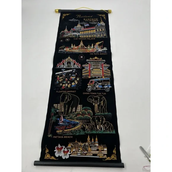 Vintage Thailand  Black Velvet Wall Hanging Souvenir Highlights Embroidered EUC
