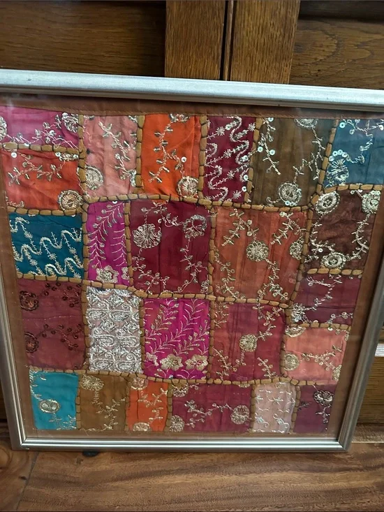 Framed Embroidered Patchwork Textile Wall Art - Multi