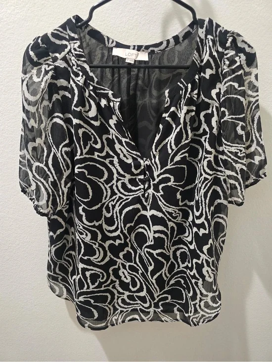 LOFT Black and White Swirl Sheer V-Neck Blouse