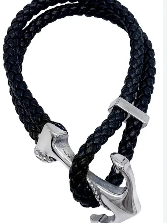 Braided Black Leatger like  Bracelet with Silver Anchor Clasp