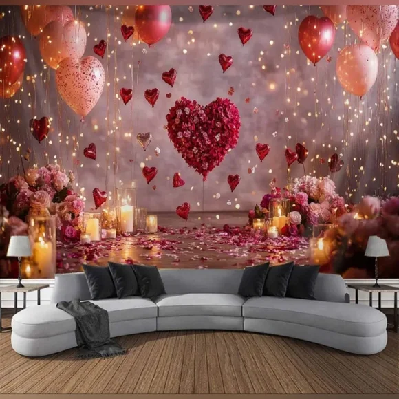 Red Pink Heart Balloon Romantic Party Backdrop Tapestry 59x51 NEW  V1