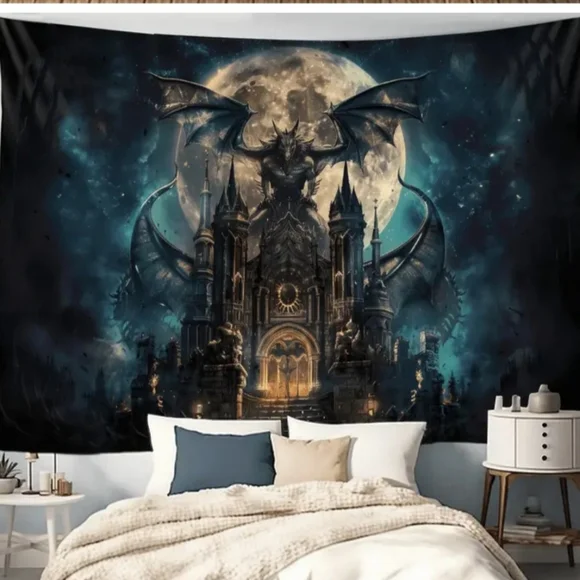 Gothic Dragon Castle Full Moon Wall Tapestry 59x51 Dark Fantasy Decor NEW