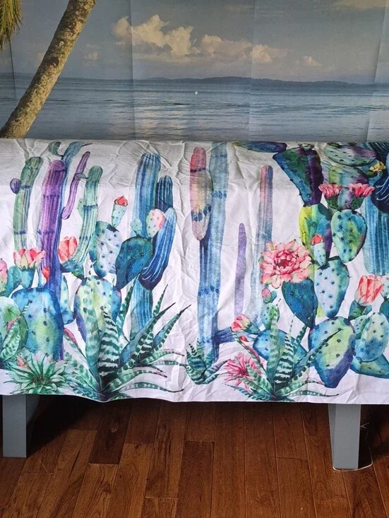 Vibrant Cactus Watercolor Tapestry Wall Hanging - White with Blue & Pink Accents