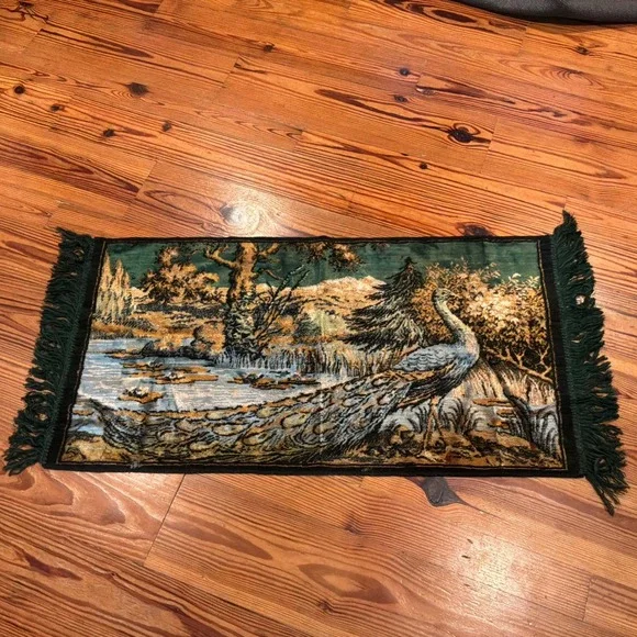 VTG Velvet Peacock Tapestry Wall Hanging Forest Landscape Fringed Whimsigoth EUC