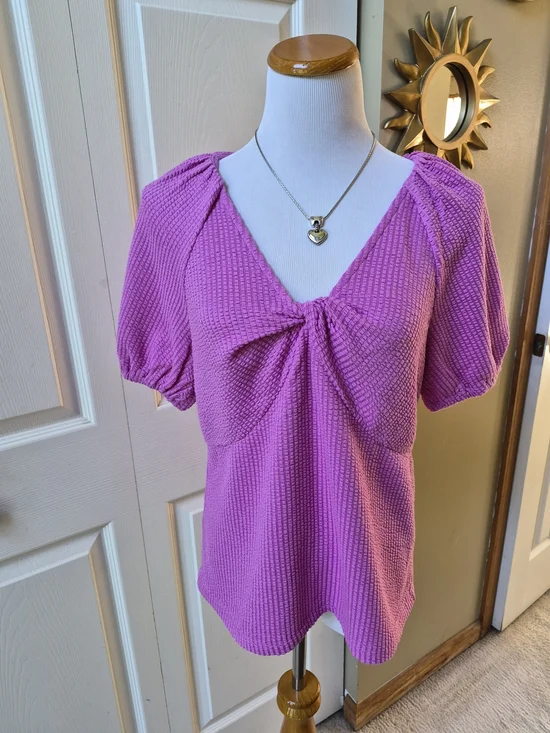 LOFT Fuchsia Knot-Front Puff Sleeve Top
