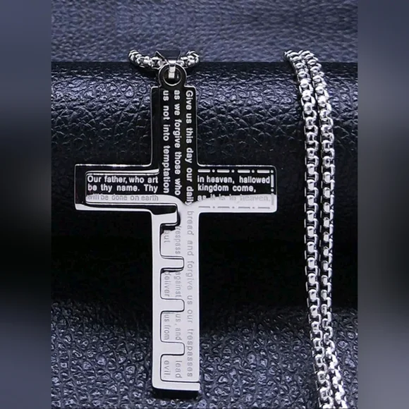 SilverTitanium Steel Cross Patchwork Design Long Necklace Unisex‎ Sweater Chain