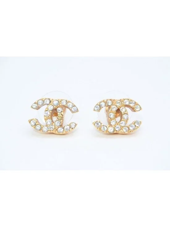 Chanel CC Logo Earrings 01 Rhinestone Metal Gold Clear