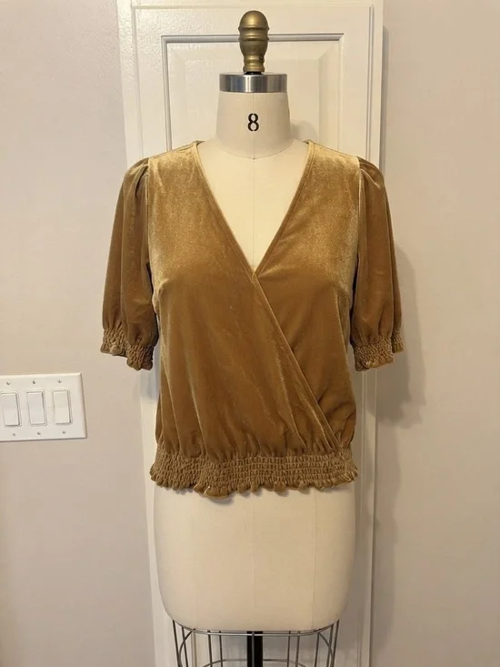 Madewell Velvet Wrap V-Neck Puff Sleeve Top - Gold