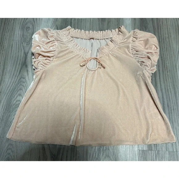 Free People Womens Velvet Smocked Puff Sleeve Top Polyester S pink peachy