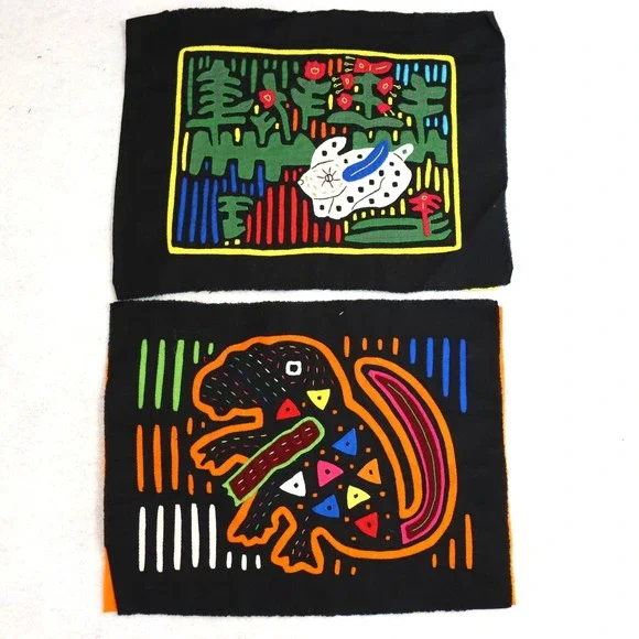 Vintage Kuna Mola Animal Textile Panels Pair Black Unisex Folk Art