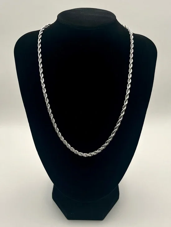 4mm Silver Plated Rope Chain Necklace 20” Men’s Unisex Jewelry