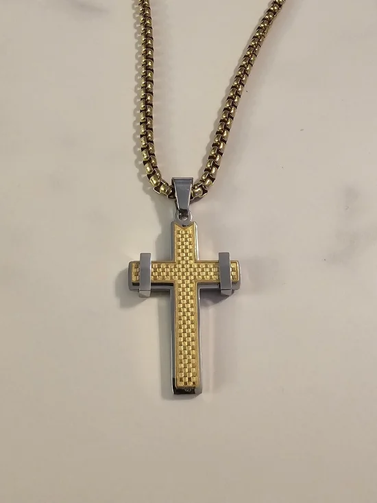 Men's Two-Tone Gold and Silver Cross Pendant Necklace